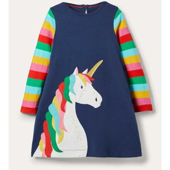 Mini Boden Other - Mini Boden Navy & Rainbow Jersey Dress w/ Unicorn Applique Sz 7-8 | 128 cm